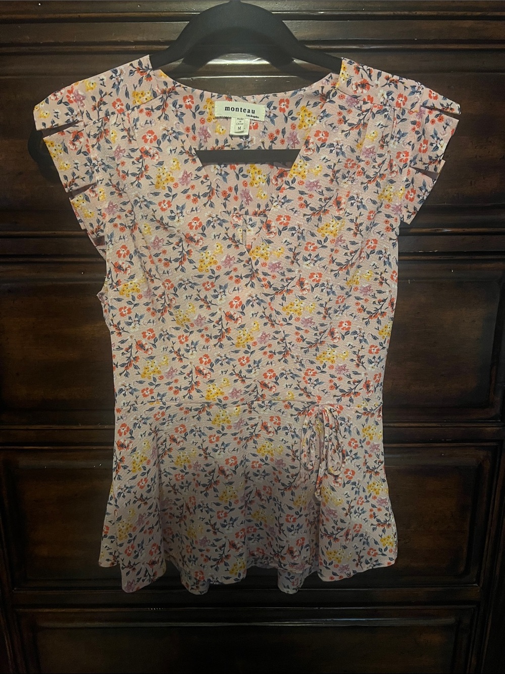 Monteau Pink Floral V-Neck Short Sleeve Tie-Waist Blouse